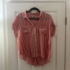 Pink and White Striped Button-Up Blouse